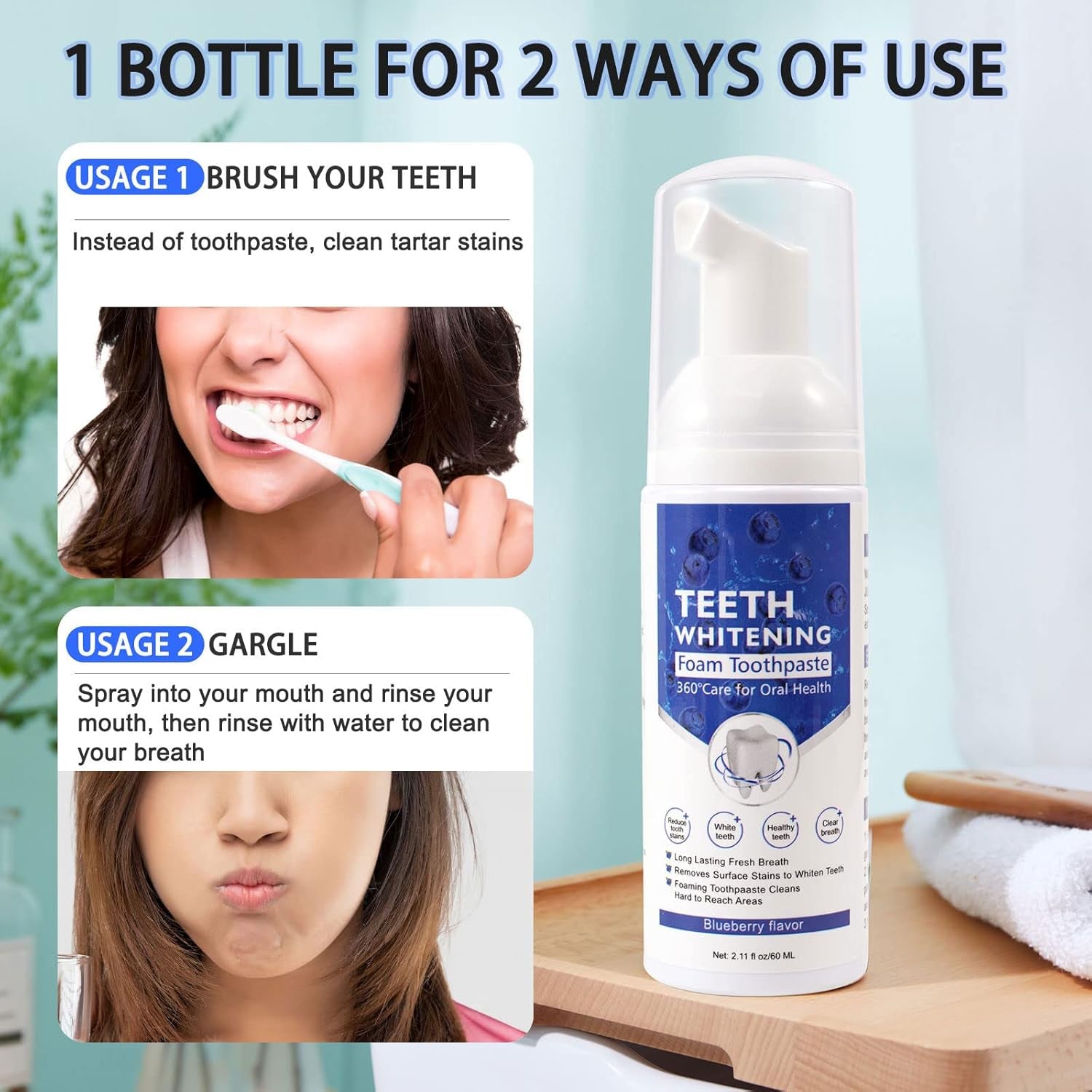 Teeth Whitening Toothpaste with Fluoride, Ultra-Fine Mousse Foam for Deep Cleaning Gums, Stain Removal, 3 Fresh Flavors